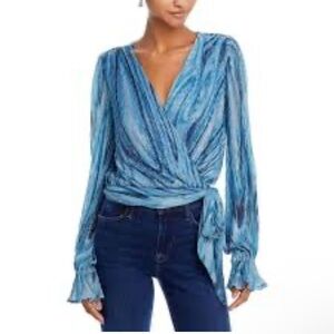 Ramy Brook Metallic Blue Wrap Tie Waist Blouse Size Xs